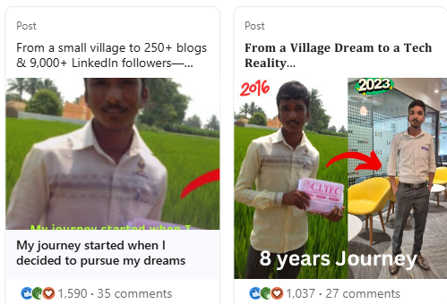 LinkedIn post about journey from village dream to tech reality